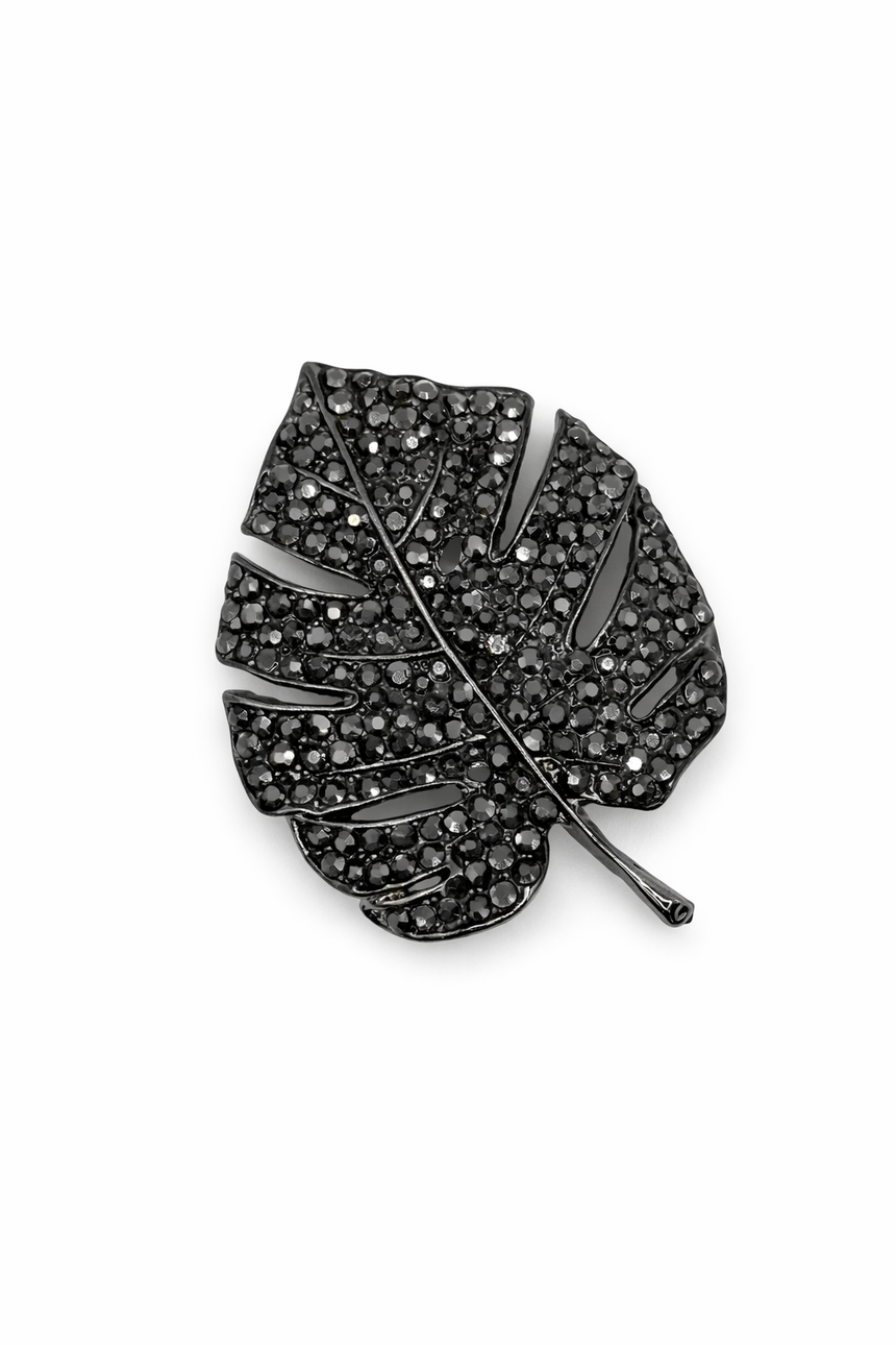 Pave Crystal Monstera Leaf Brooch Black Petit Détail Lebanon