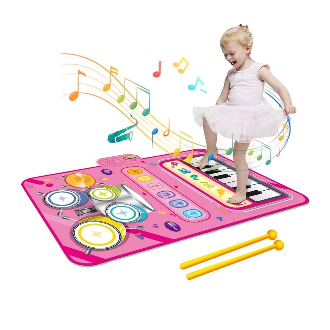 Child stepping on touch-sensitive piano mat for sound play