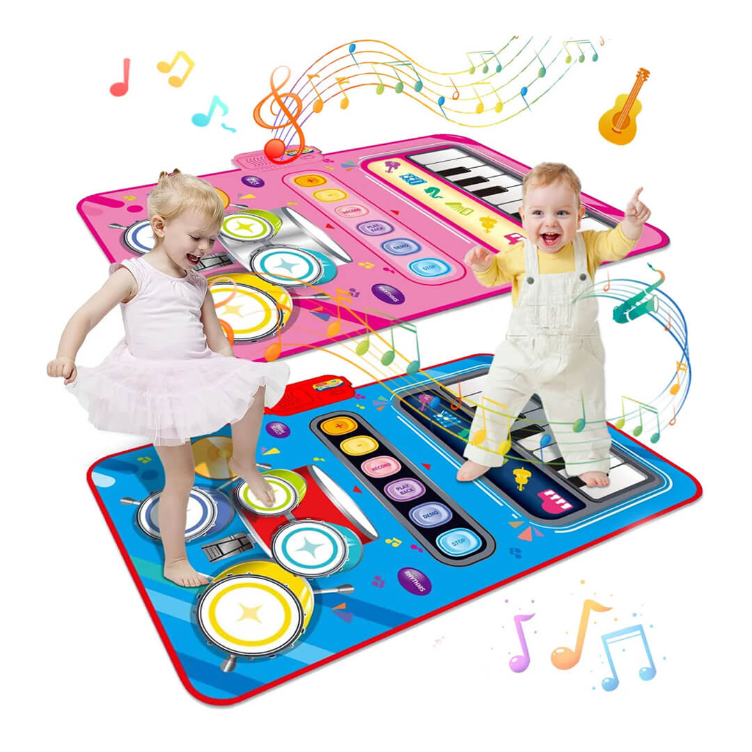 Baby playing on 2-in-1 musical mat with piano and drums in blue and pink color