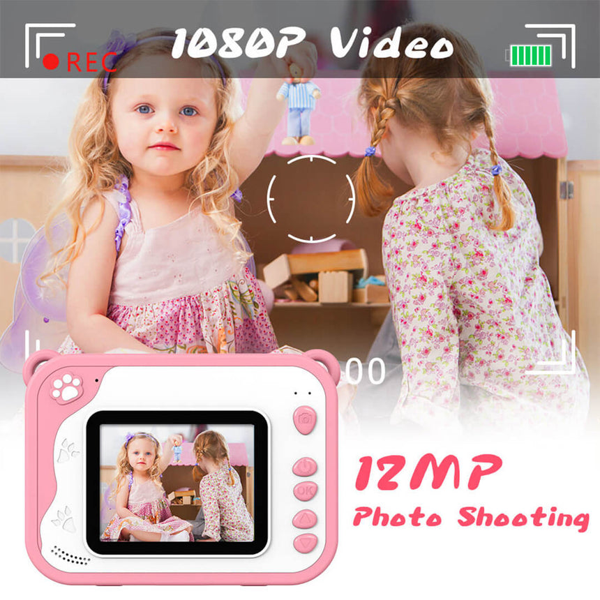 Kids' pink dino instant print camera with video recording feature