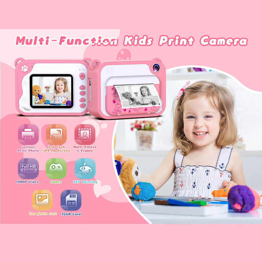 multi-function kids print camera, pink dino design
