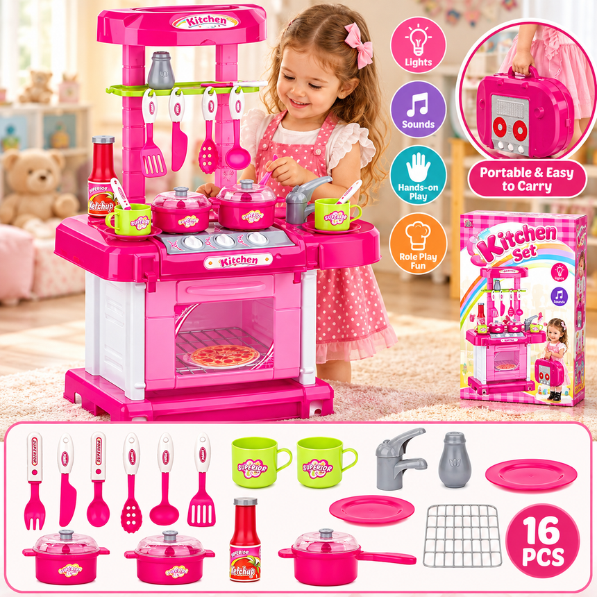 Pink play kitchen, pots, cups and portable case with no reseller watermark