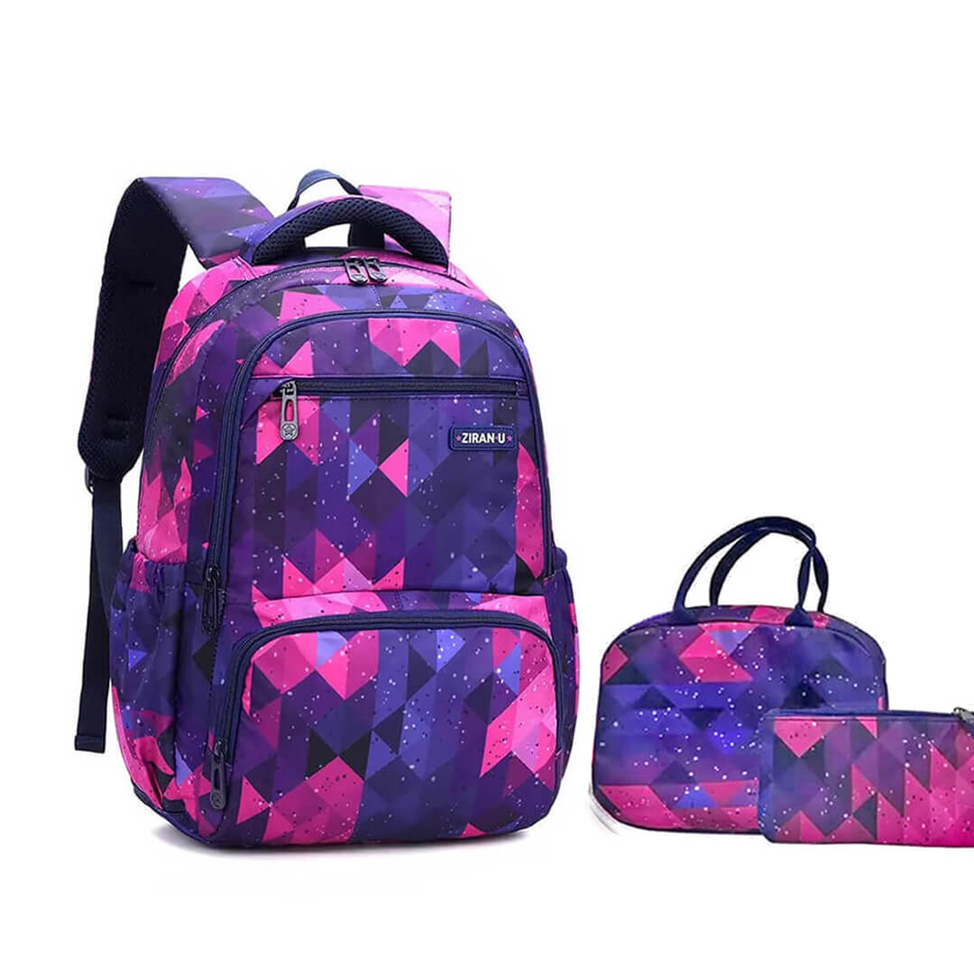 Durable girls' backpack set with a geometric pattern in pink and purple colors.