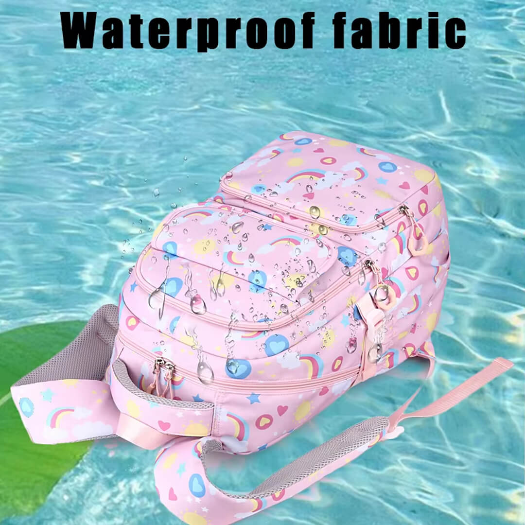 Girls pastel rainbow waterproof backpack with matching lunch bag & pencil case