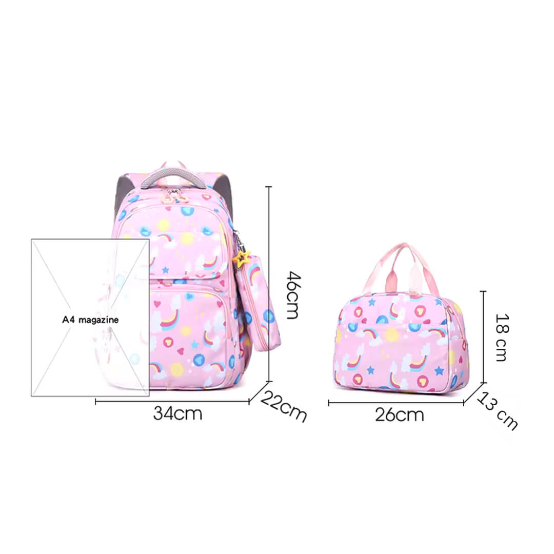 Girls pastel rainbow backpack with matching lunch bag, dimensions