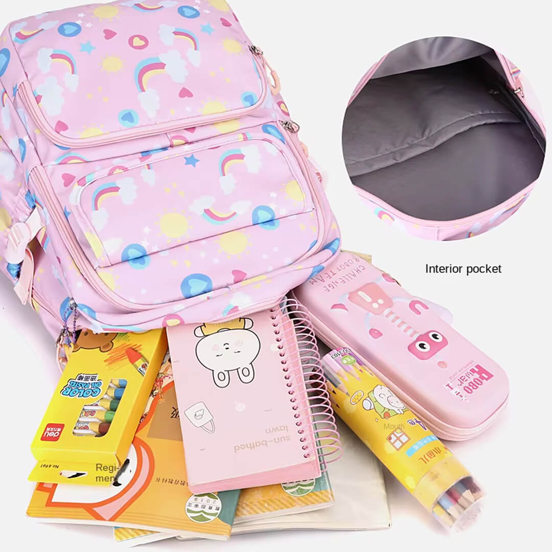 Stylish rainbow backpack for girls aged 8 to 11 with multi compartments