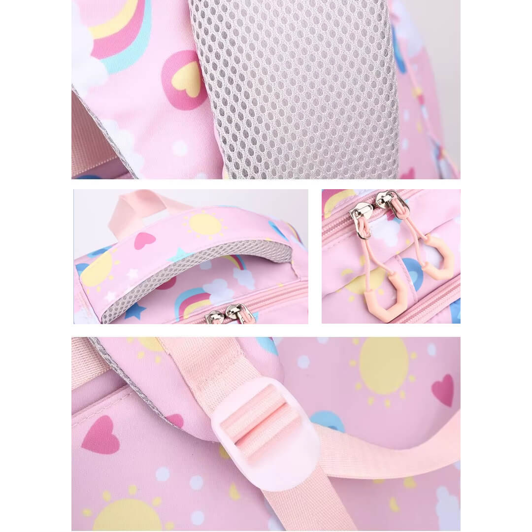 3-piece rainbow school backpack set for girls grades 1–5, close-up shots