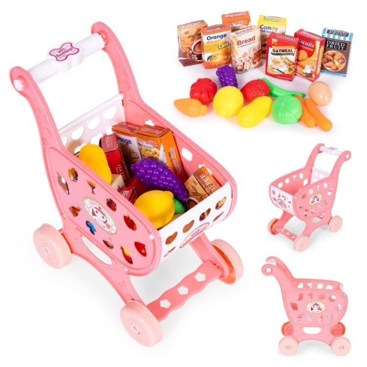Pink shopping cart and pretend grocery accessories