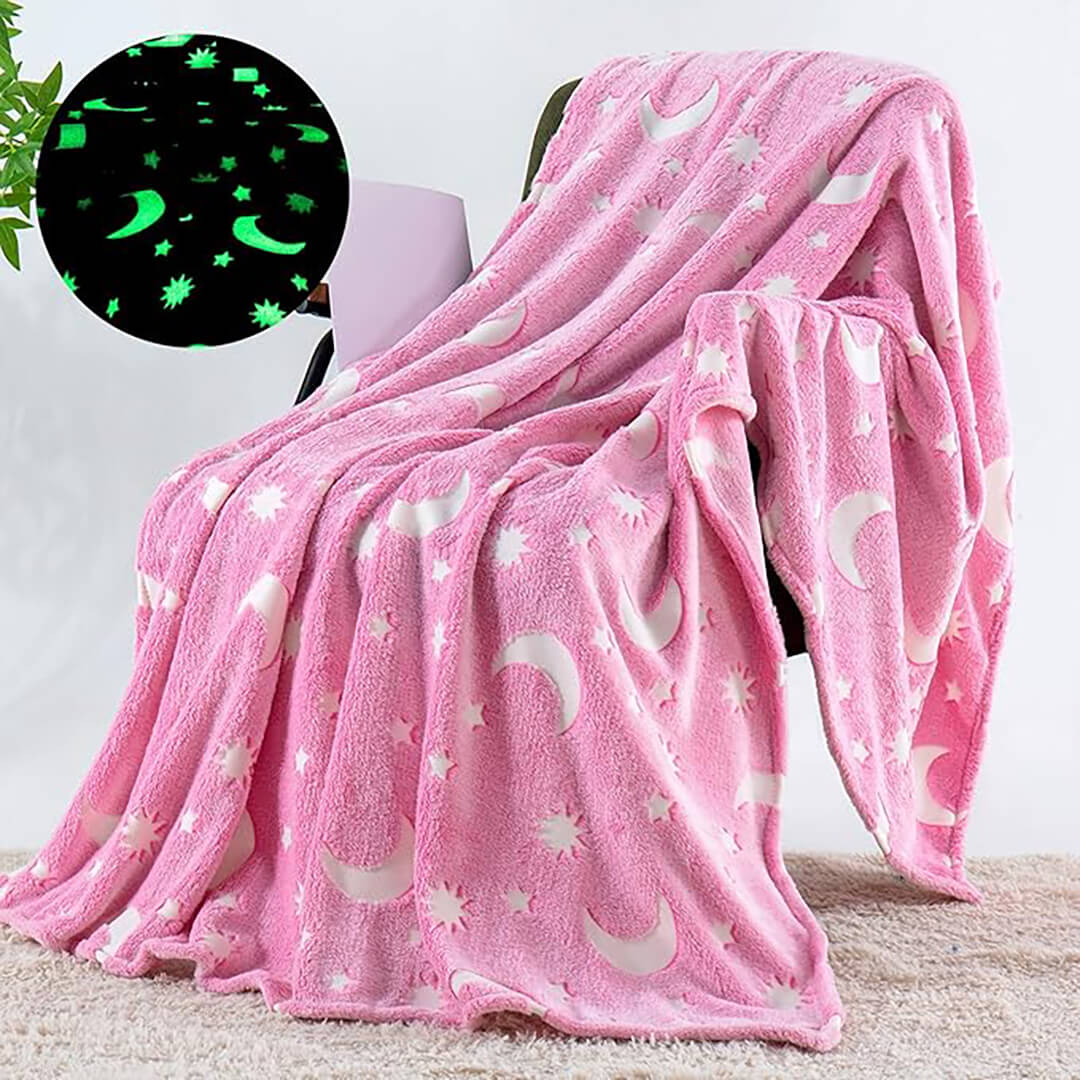 Pink Stars & Moon Glow-in-the-Dark Plush Blanket – 150 x 200 cm