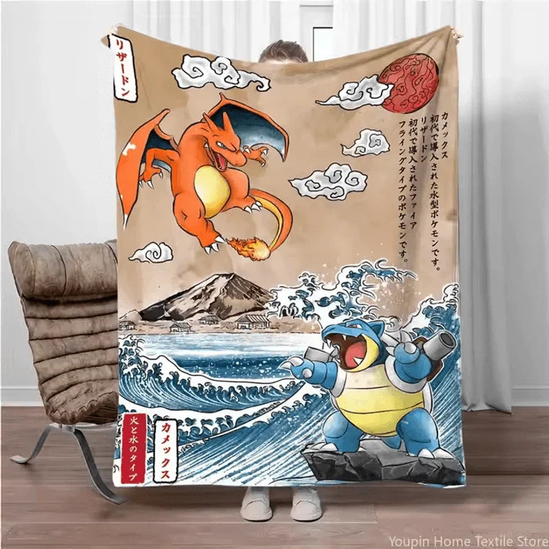 Pokemon Charizard and Squirtle Brown and Blue Colored Flannel Blanket