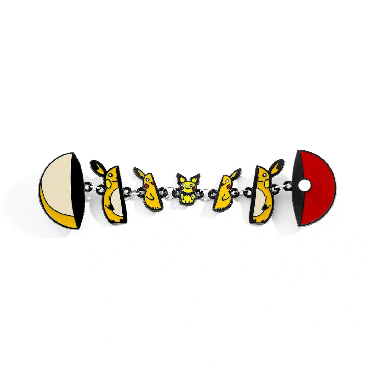 A novelty enamel pin matryoshka featuring yellow Pikachu charms, a small central pikachu charm, and Pokémon-themed moon and sun disc ends on a white background.