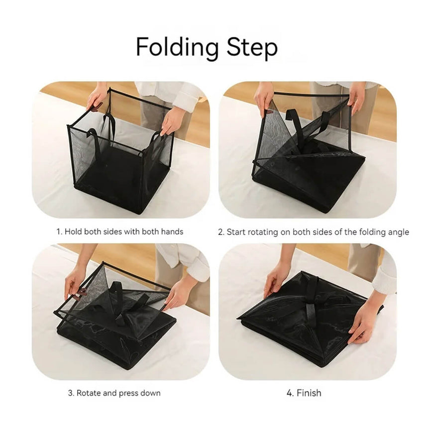 Cube pop-up mesh laundry basket, folding steps