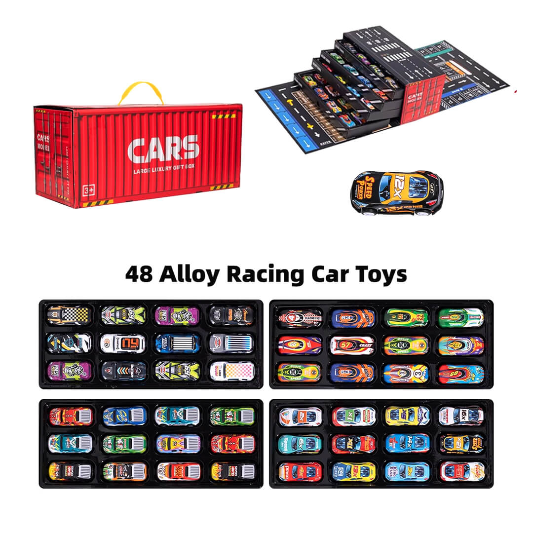 48 pull-back toy cars for kids with storage box and track, red color