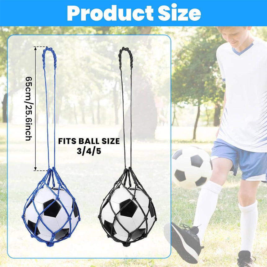 Soccer ball nets with measurements in blue and black color.
