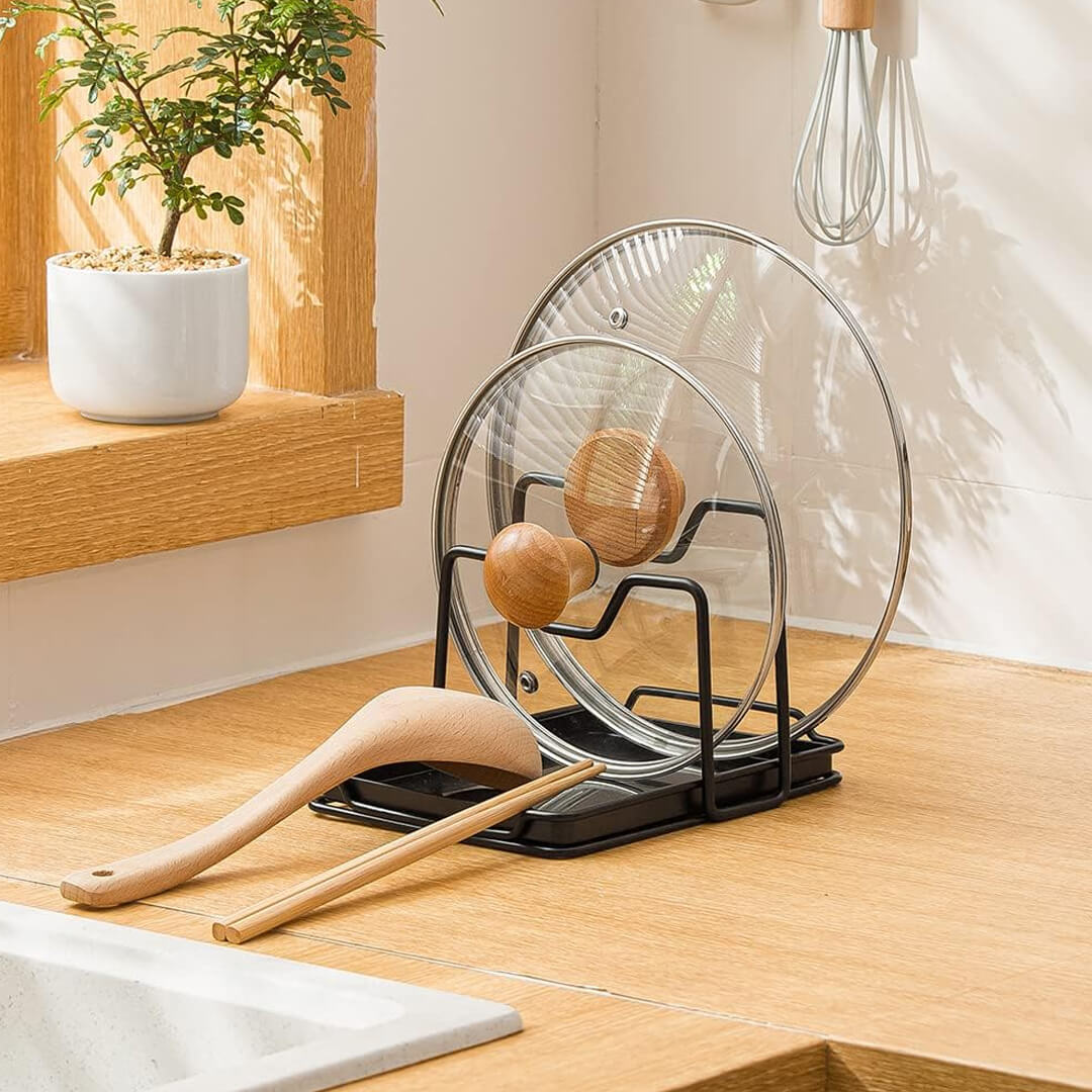 2-layer kitchen pot lid holder organizer with utensil rest