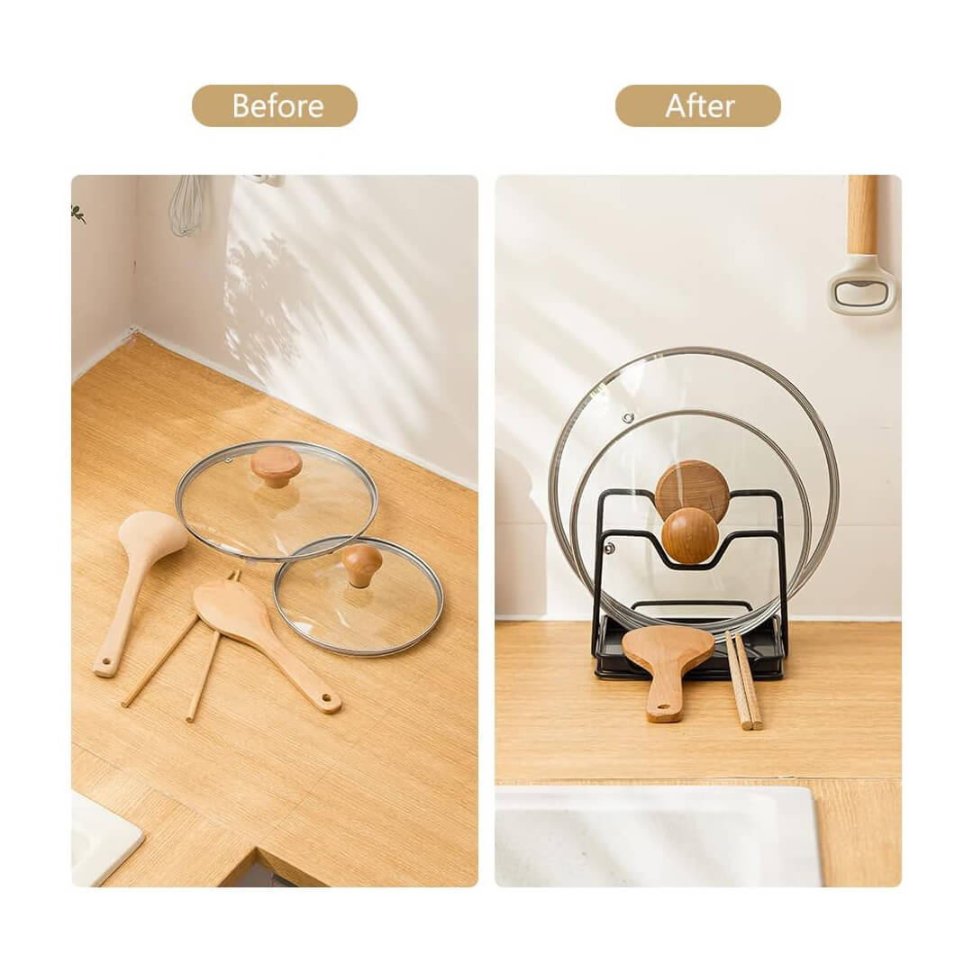Kitchen counter pot lid holder rack with drip tray