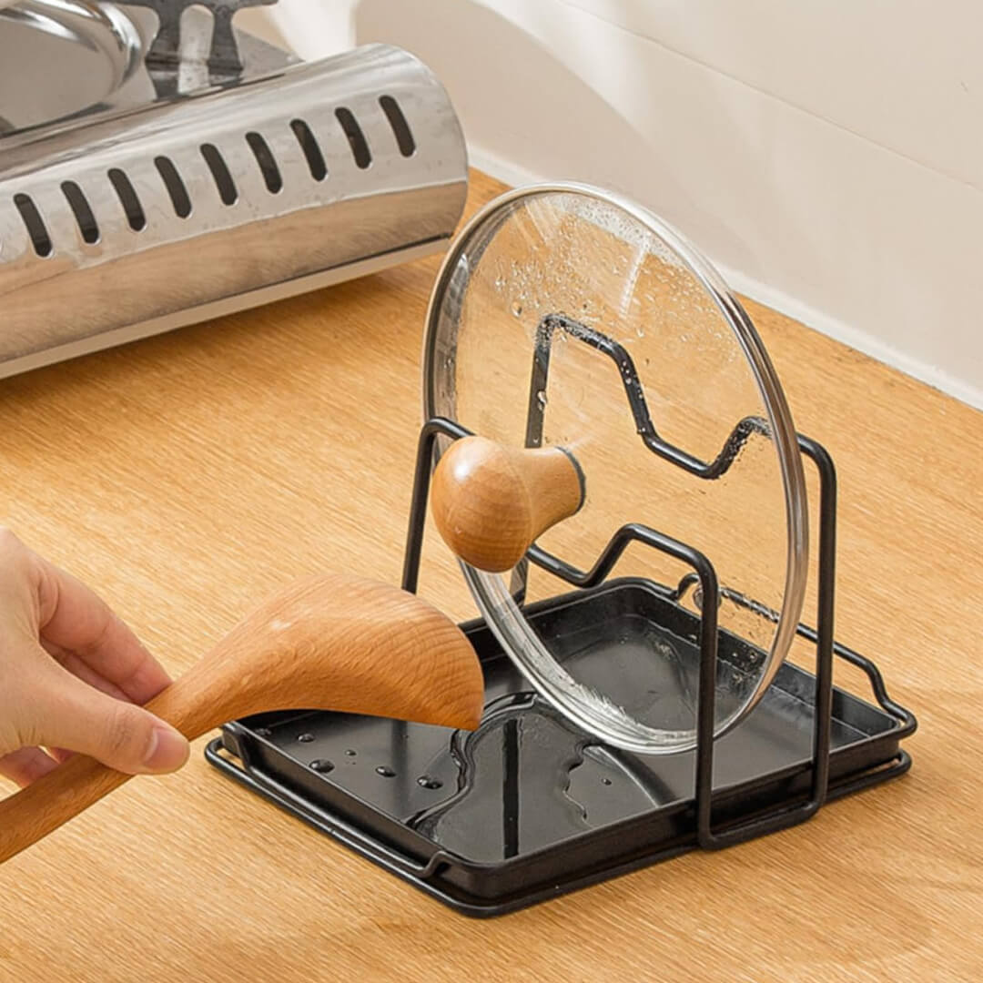 Compact pot lid rack organizer for kitchen counter