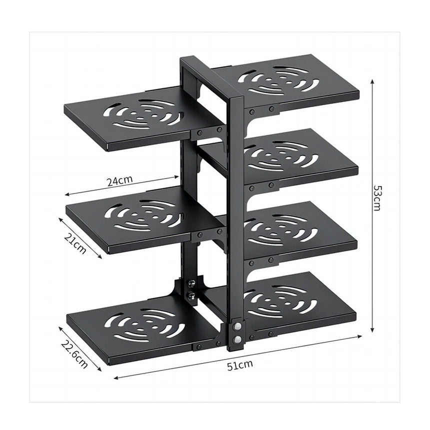 7-tier adjustable pan rack stand for cabinet storage, dimensions