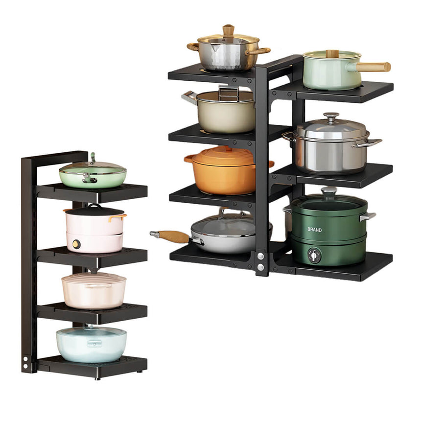 Adjustable stainless kitchen rack for storing cookware