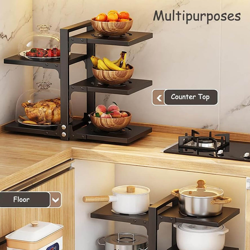 Counter and under-sink multipurpose kitchen organizer shelf