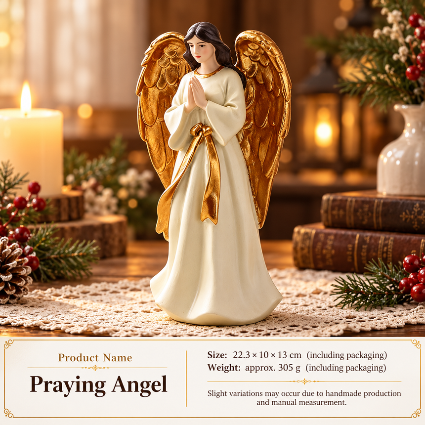 Praying angel decorative figurine in white robe with golden wings, square English information image