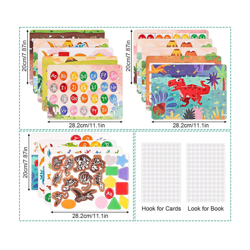 Montessori dinosaur busy book with velcro stickers for fun and learning, dimensions