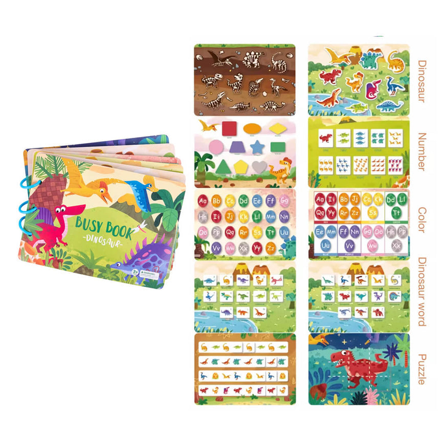 Montessori busy book dinosaur theme with puzzles and counting