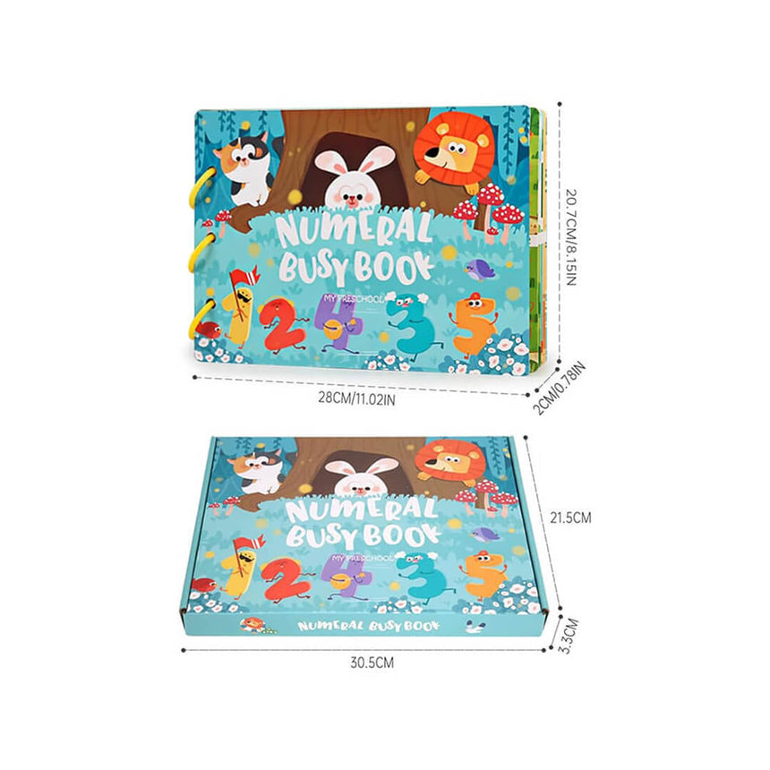 Children's numeral busy book with animal theme, dimensions 