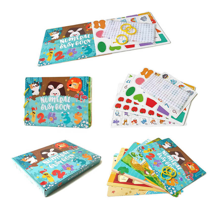 Montessori busy book with a numeral theme with velcro games matching