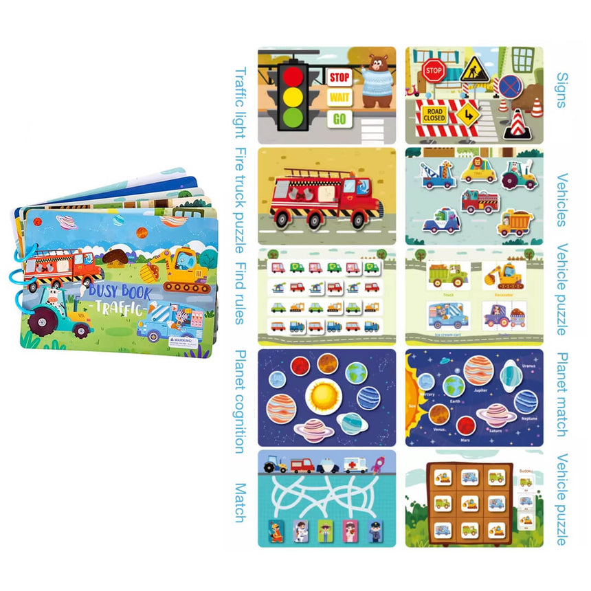 Montessori A4 busy book vehicles theme with road signs and puzzles