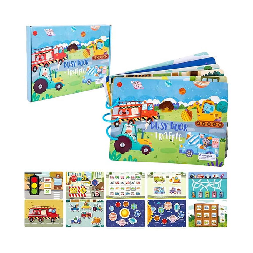 Montessori busy book vehicles theme with road signs and puzzles