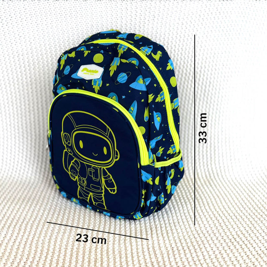 Waterproof preschool backpack with astronaut print, dimensions