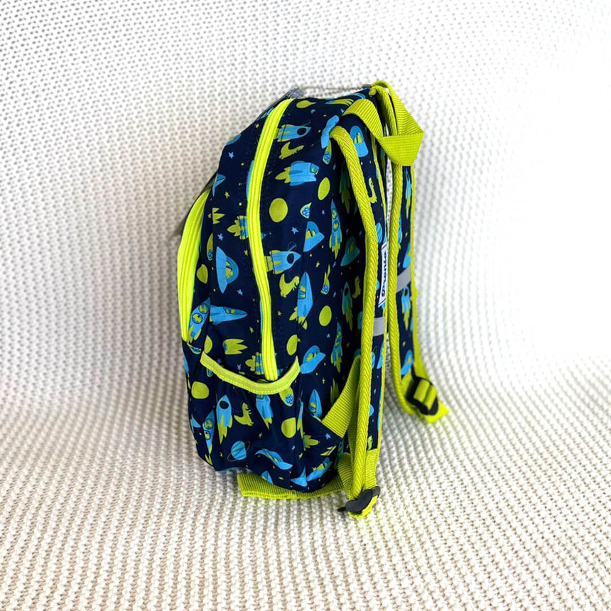 Durable preschool backpack with space print, side angle