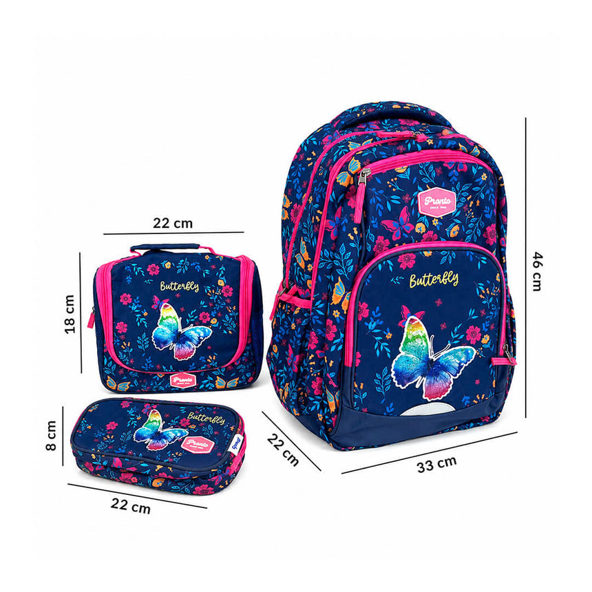 Pronto 18-inch butterfly backpack with lunch bag and pencil case, dimensions