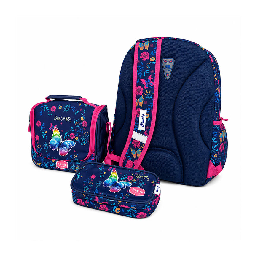 Backpack set for Grades 3–7 with colorful butterfly and flower design, back angle