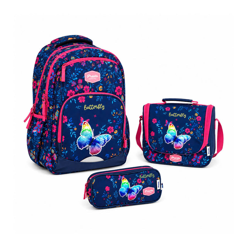 Girls' school bag with matching butterfly lunch bag and pencil case in navy and pink vibrant colors