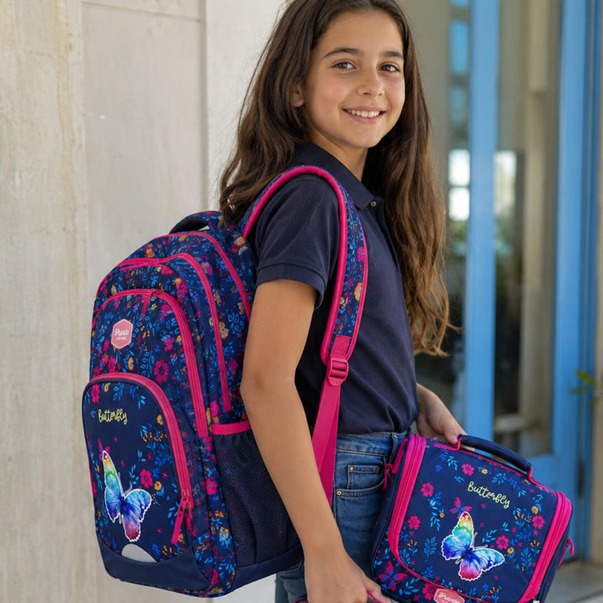 Vibrant colors butterfly-themed backpack with lunch bag and pencil case for girls in grade 4 to 9