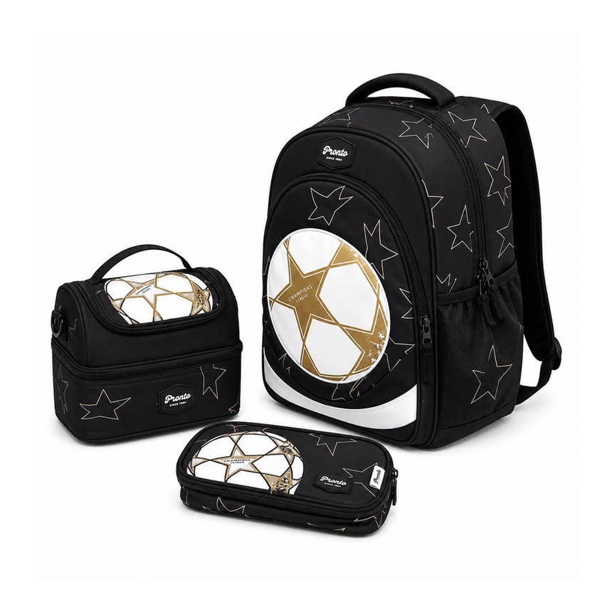 Football-themed kids' backpack with lunch bag and pencil case