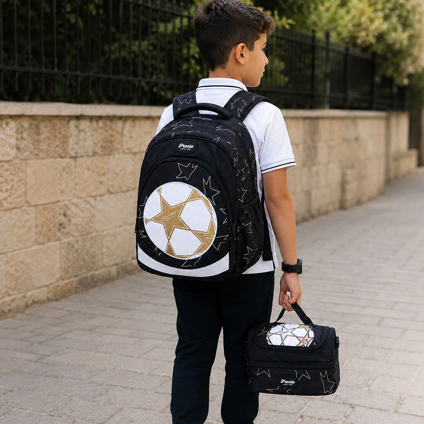Champion League football backpack set in black and white color for boys