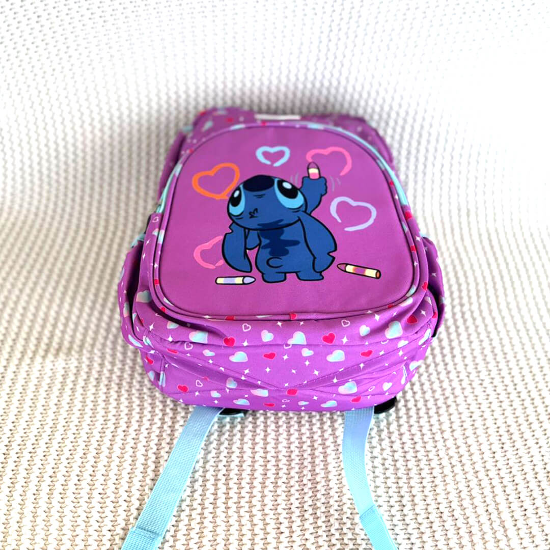 Cute preschool backpack with Stitch and rainbows, bottom angle