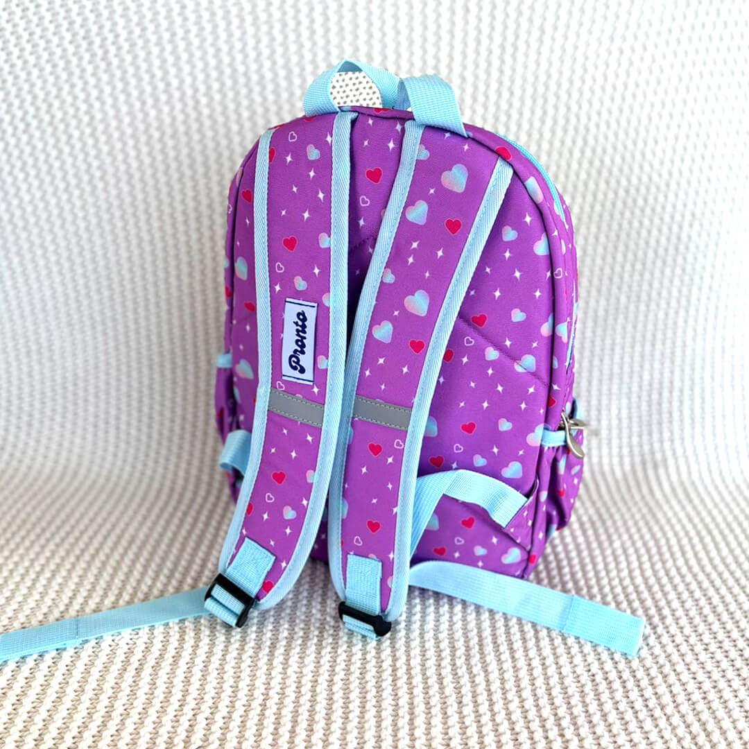 Cute preschool backpack with Stitch and hearts, adjustable strap