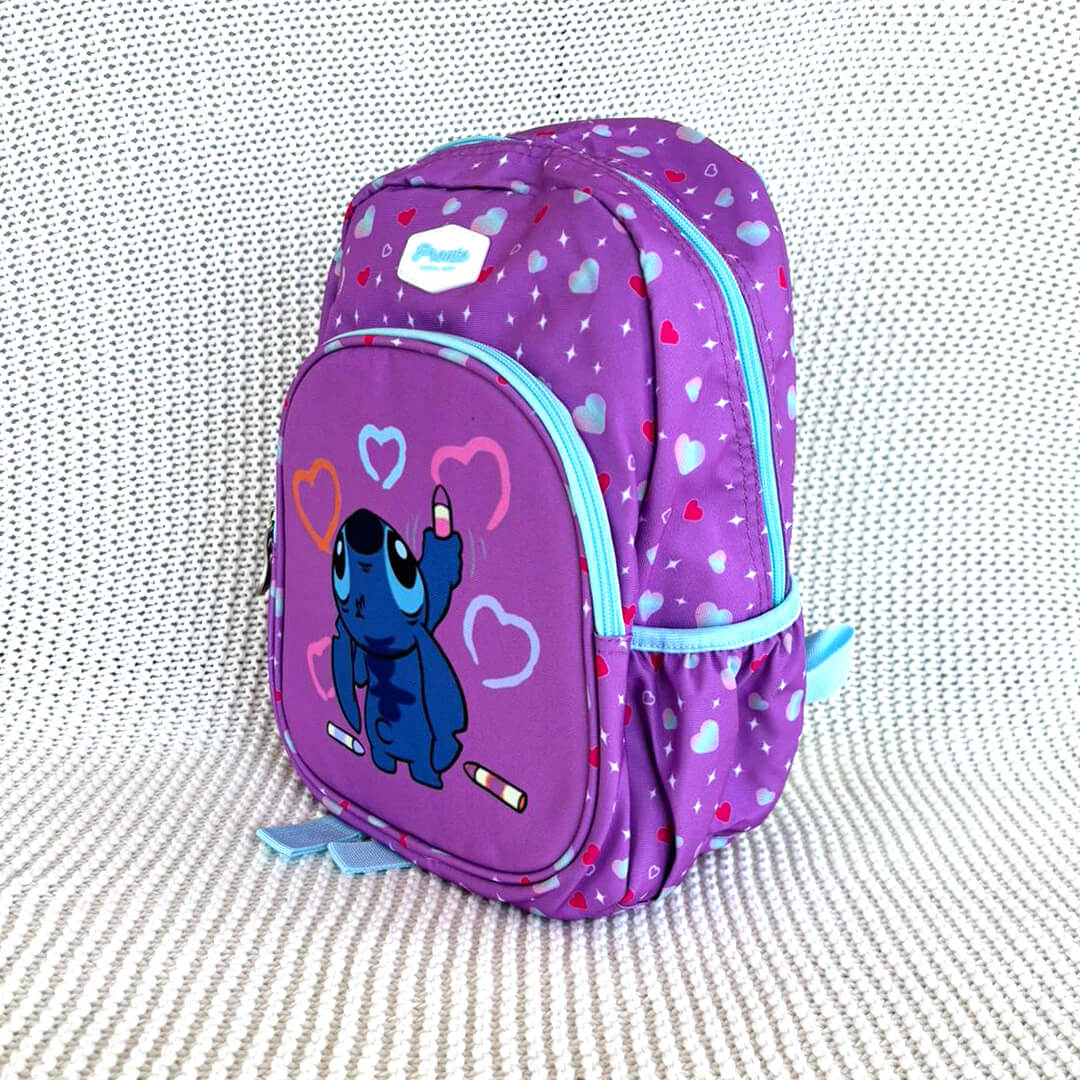Stitch girls backpack with hearts and rainbows in purple, side angle
