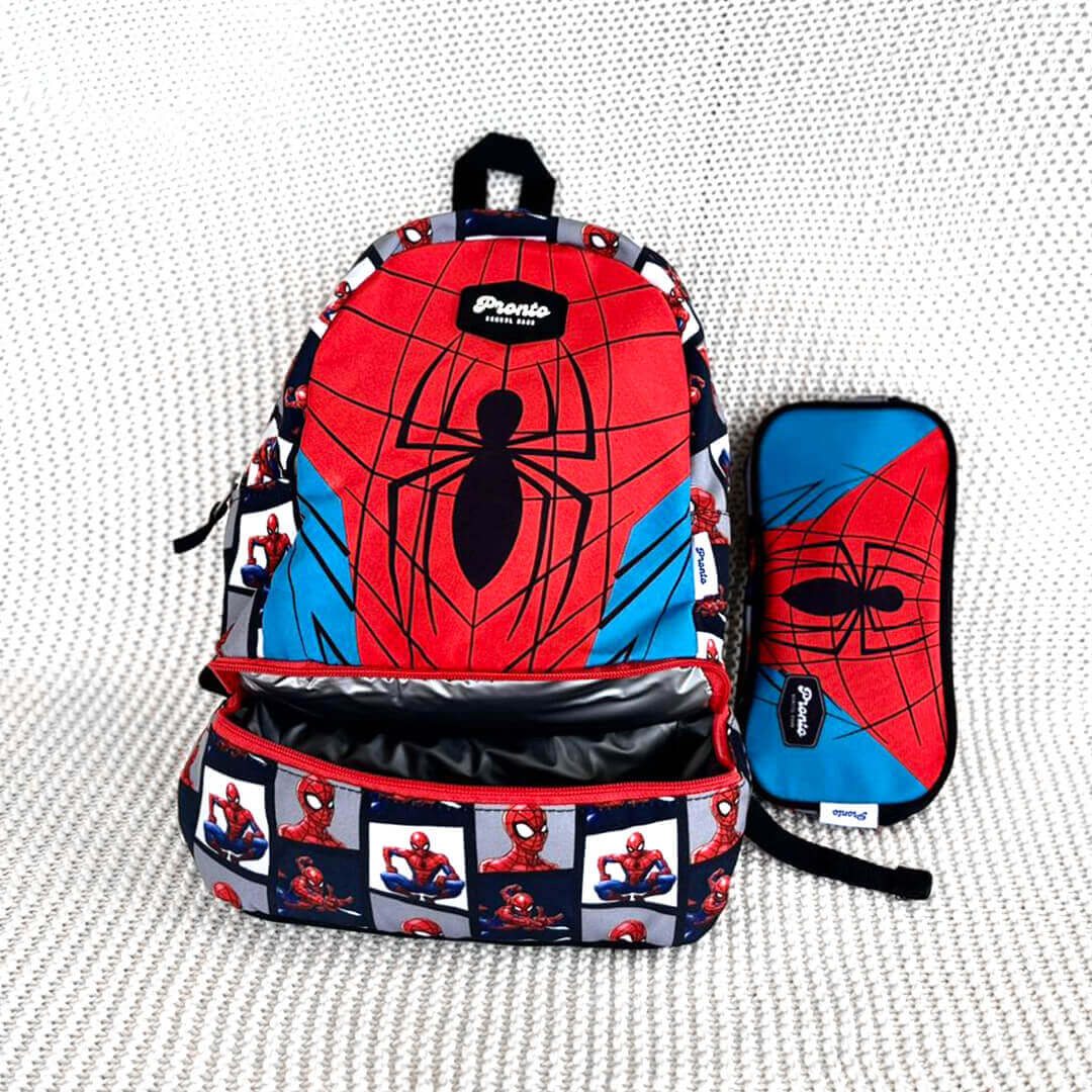 Open view of 2-in-1 Spiderman backpack with school supplies