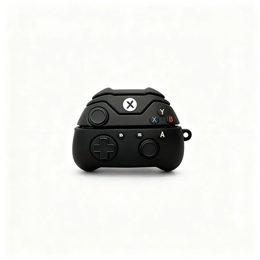 Black gaming controller with case on a white background