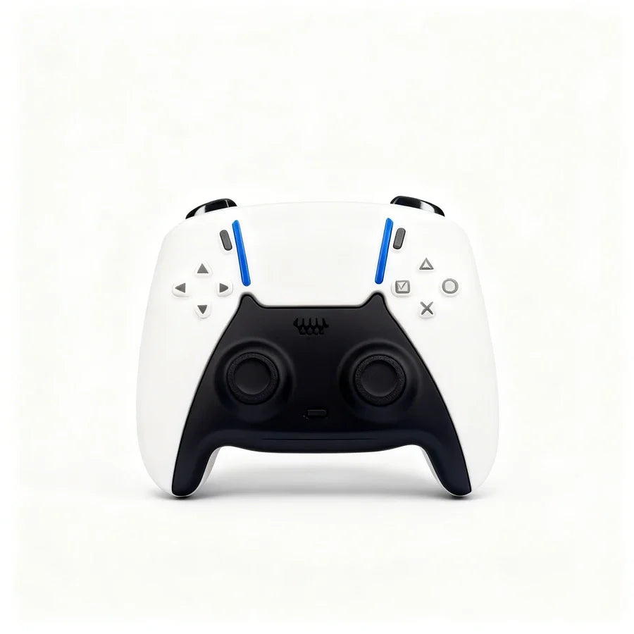 White gaming controller with black accents on a white background