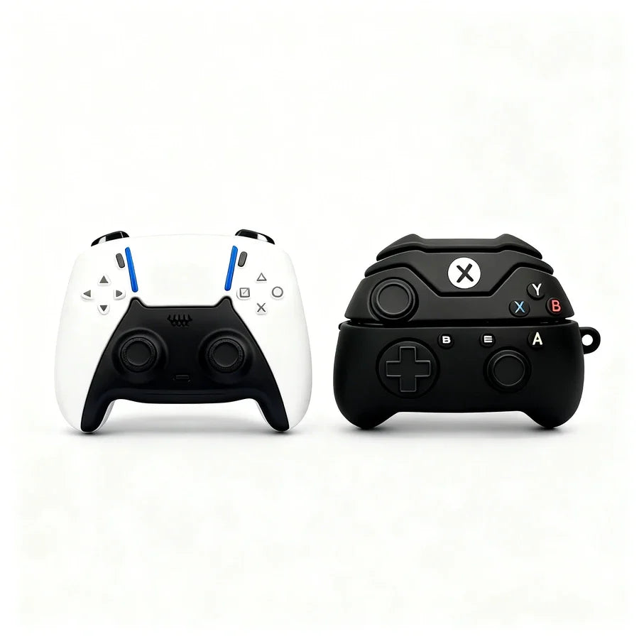 Two gaming controllers, one white and one black, on a white background