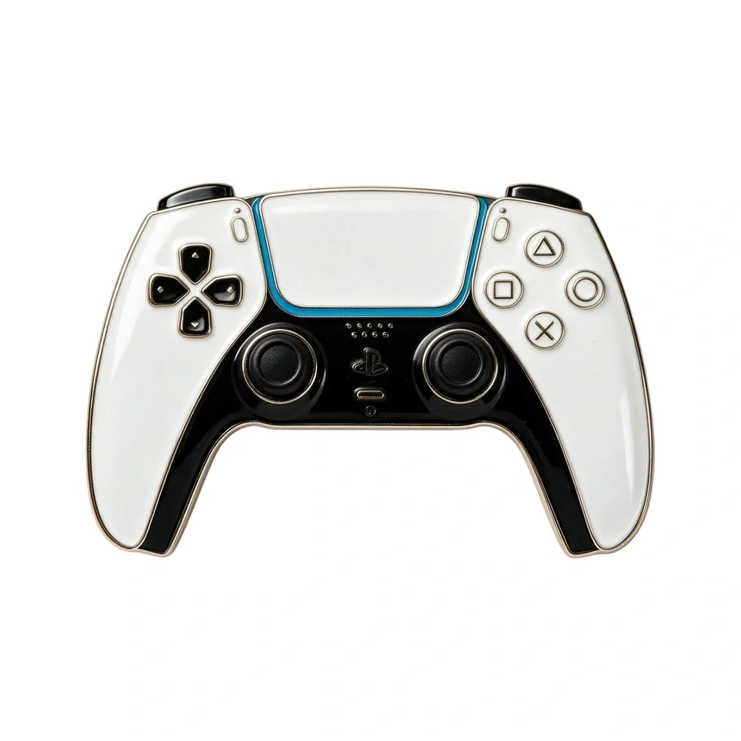 A PlayStation 5 controller with a custom white and black wrap design, featuring a bright blue accent line across the touchpad and black analog sticks and buttons.