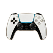 A PlayStation 5 controller with a custom white and black wrap design, featuring a bright blue accent line across the touchpad and black analog sticks and buttons.