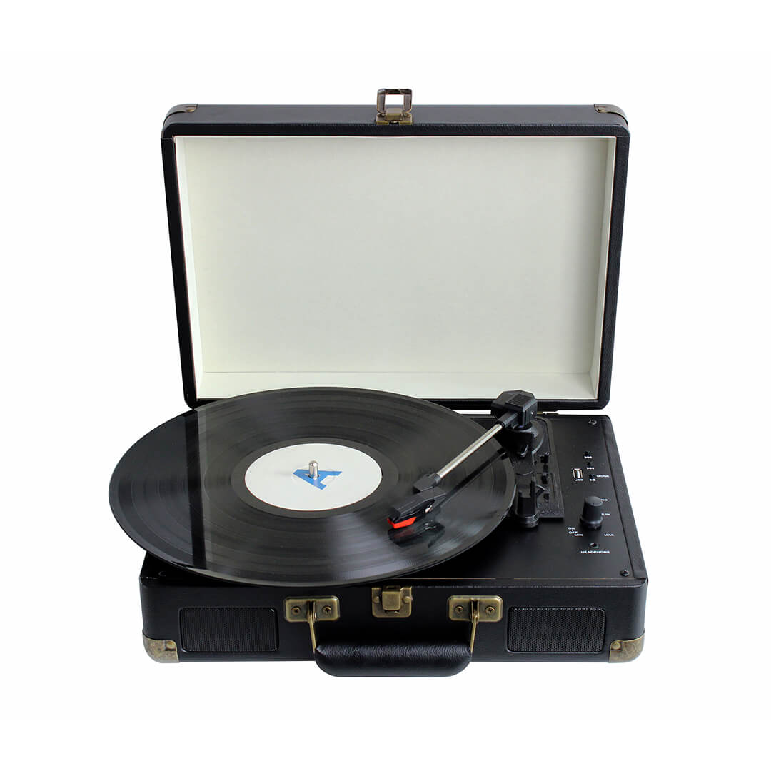 PU Leather Deluxe Turntable Record Player - Brown & Black Black