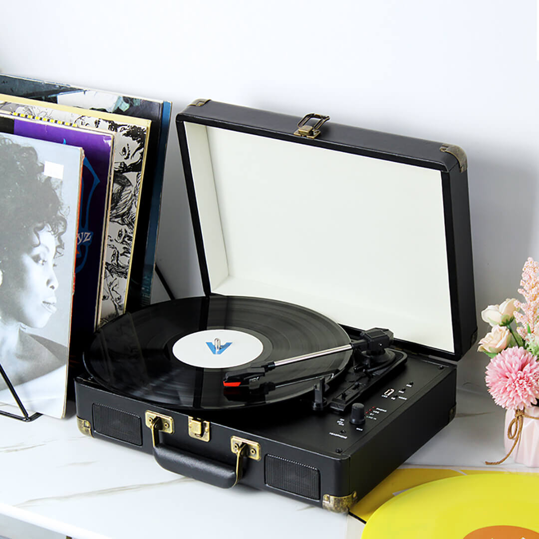 PU Leather Deluxe Turntable Record Player - Brown & Black